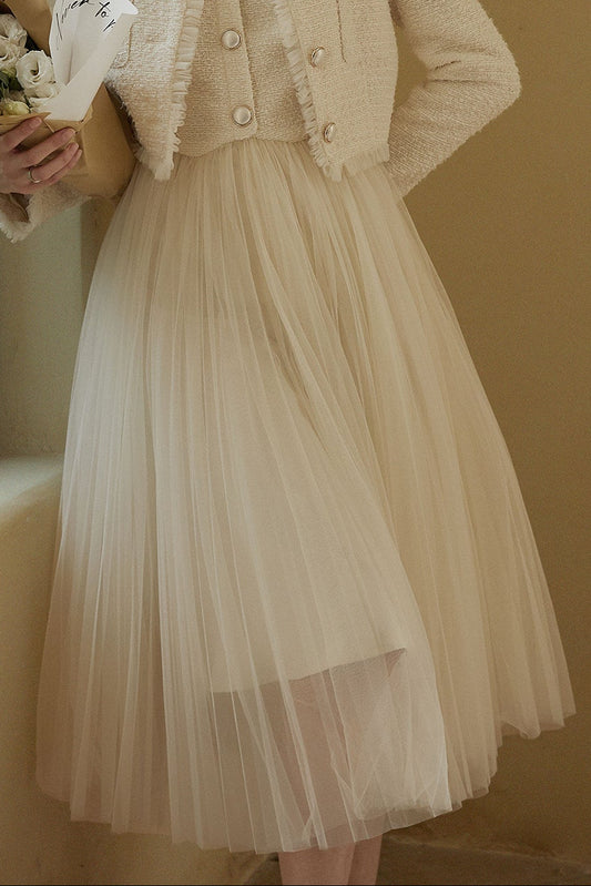 Beige Sleeveless Tulle Midi Dress