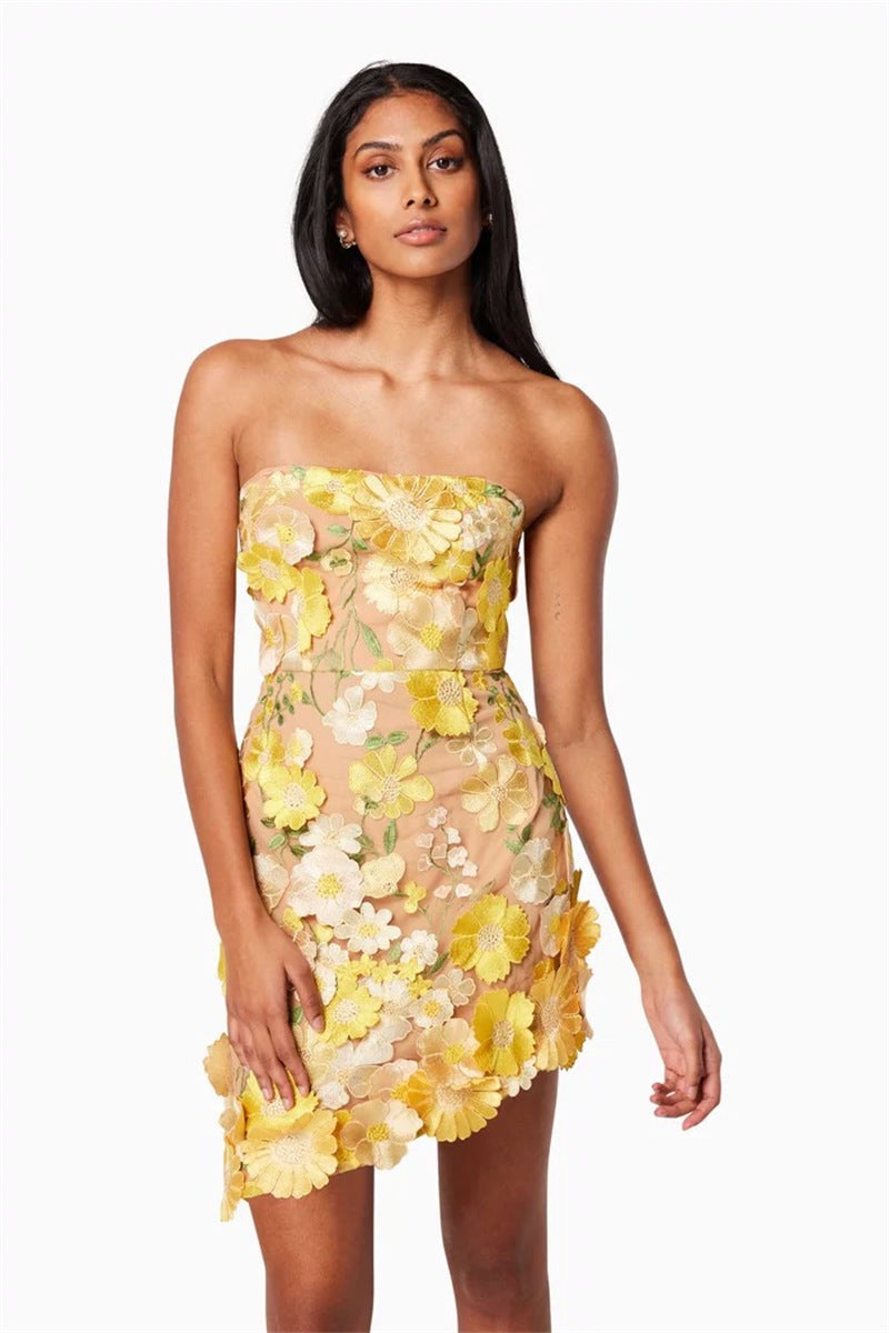 Strapless floral Mini Dress in yellow