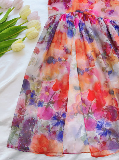 Red Multi Floral Tie Strap Midi Dress