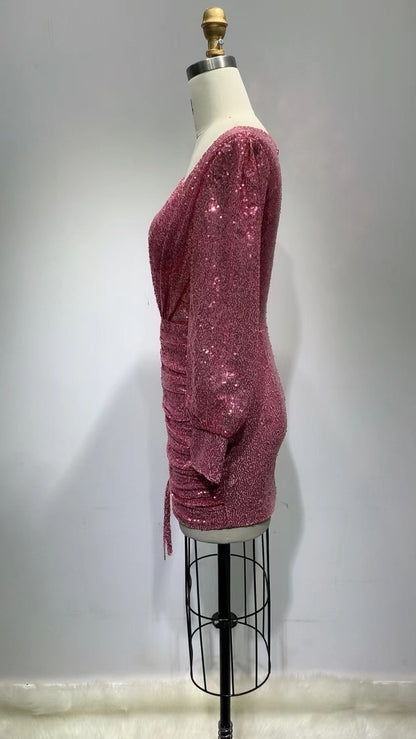 zenobia Ruched cut out Sequin Mini Dress in pink