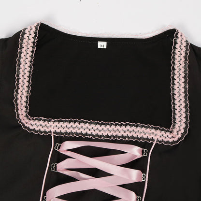 black matte woven polyester-cotton blend fit-and-flare dirndl dress