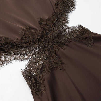 Chocolate Brown Satin Asymmetrical A-Line Dress with Capelet Overlay