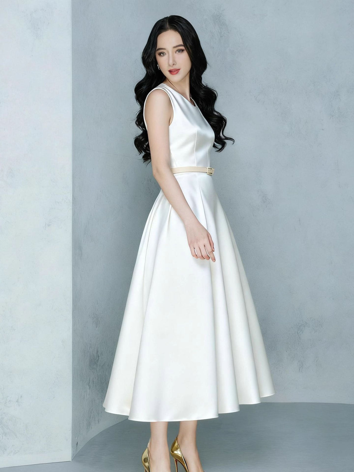 irregular bow A-line midi dress with belt