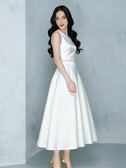 irregular bow A-line midi dress with belt