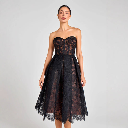 AGNENS Black Sexy Strapless Embroidered Lace Midi Dress