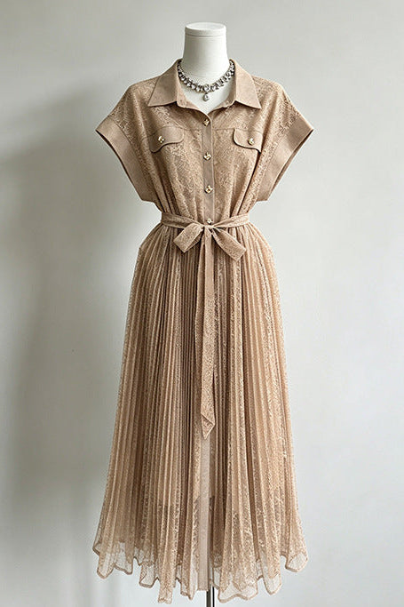 Lace Pleated Midi Shirt Dress With Waist Tie