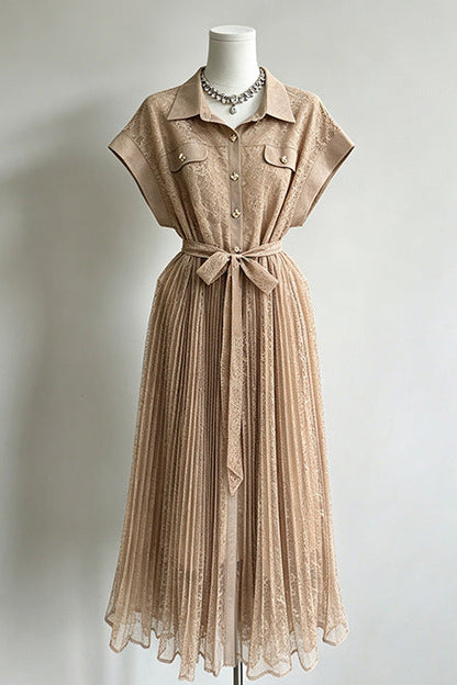 Lace Pleated Midi Shirt Dress With Waist Tie