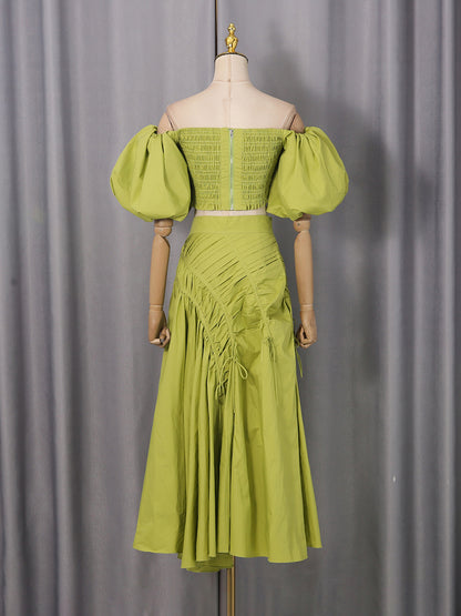 giselle drawstring off-shoulder midi skirt - green