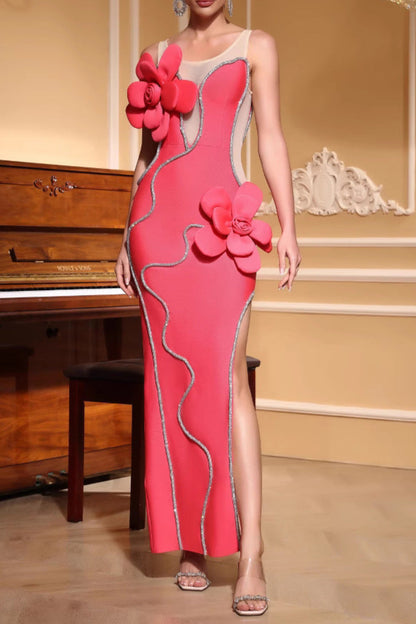 Diamond 3D Flower Sequin Bandage maxi Dress in rose red