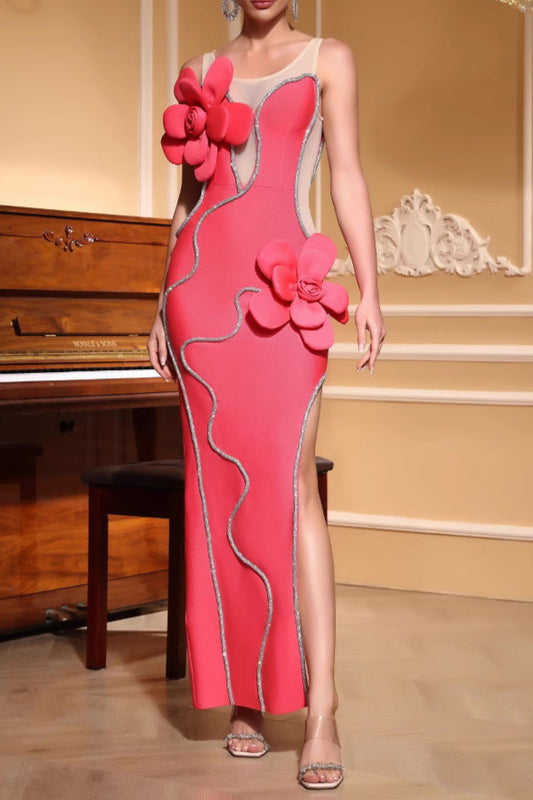 Diamond 3D Flower Sequin Bandage maxi Dress in rose red