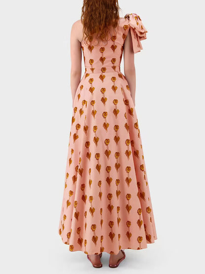 pink printed bows slanted shoulders dress