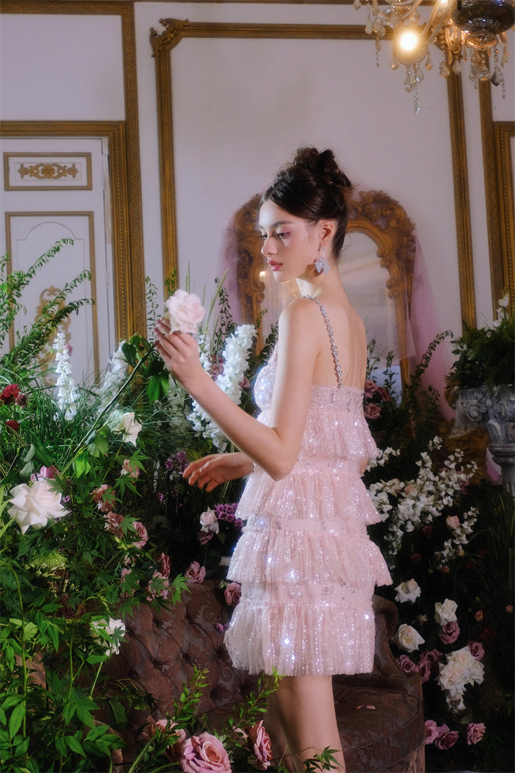 Pink Sleeveless Sequin layer ruffle short Dinner Dress