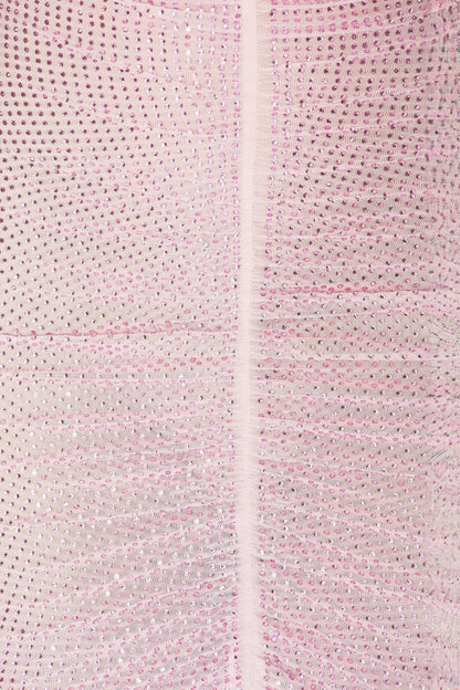 Hollow Mesh Rhinestone Sleeveless maxi Dress in pink