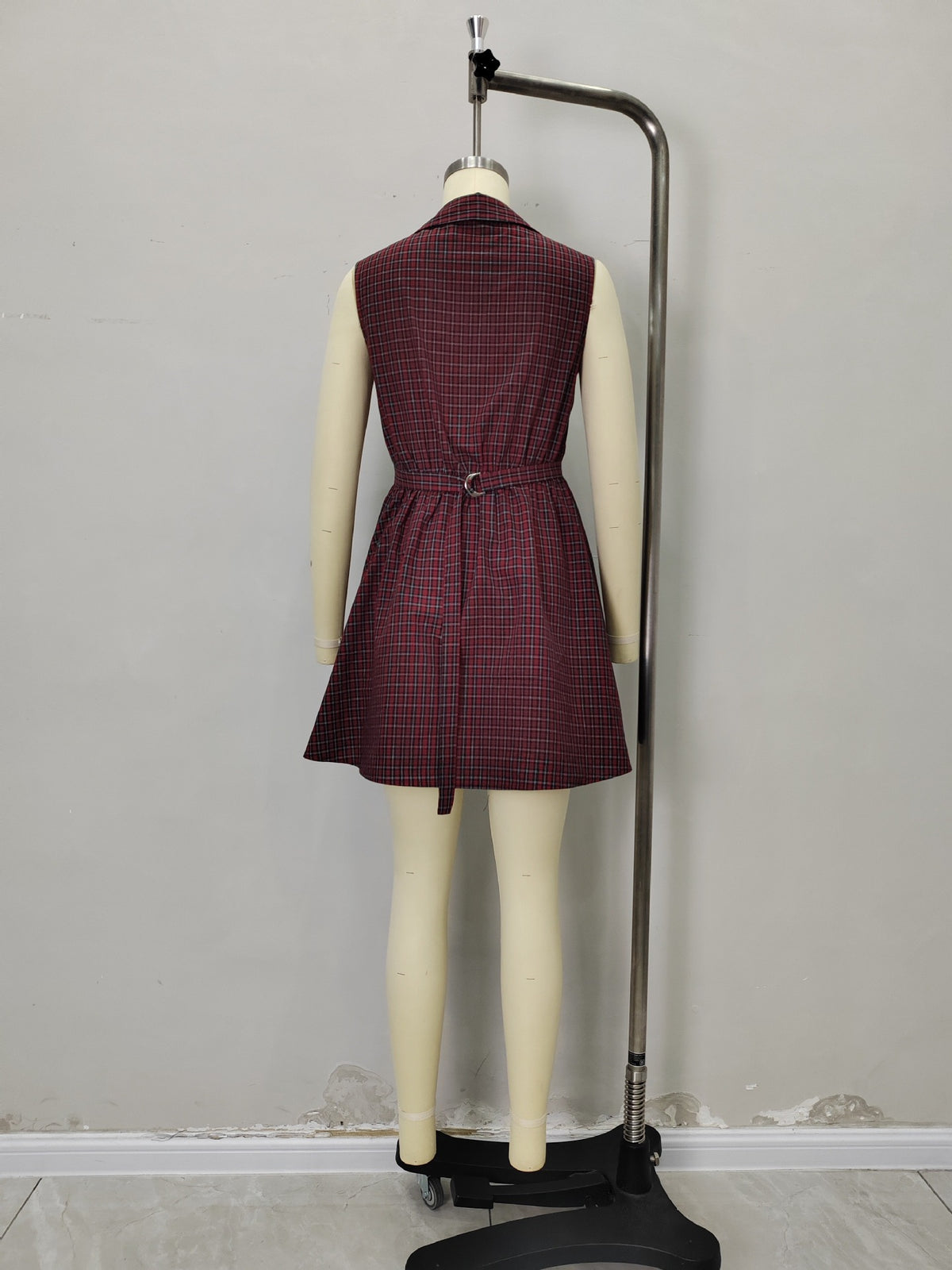 Red Plaid Sleeveless Lapel V Neck Button Front Fit And Flare Mini Dress Summer Retro Dress