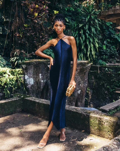 tassel rear slit halterneck dress