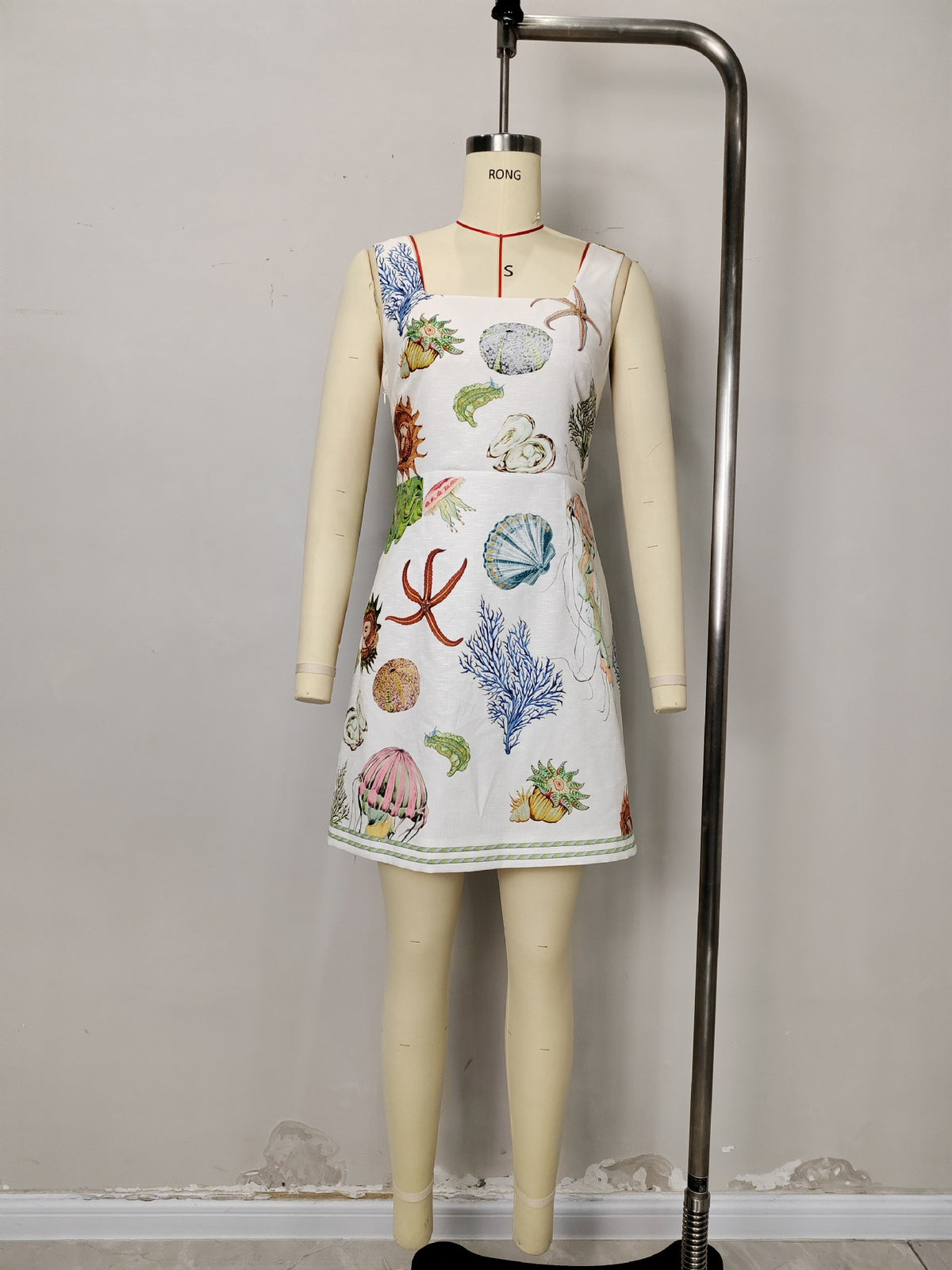White Marine Life Print Square Wide Strap Sleeveless Mini Dress
