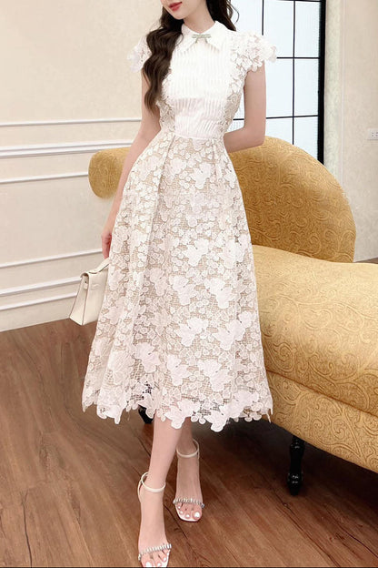 leila white 3D Flower embroidery Bow Lace midi Dress