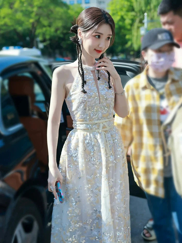 Gold Couture with Floral Embroidery Sequin Banquet Dress