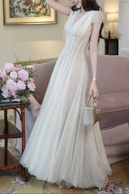 Glitter Tulle Cap Sleeve V-Neck Empire Waist Flowy Maxi Dress
