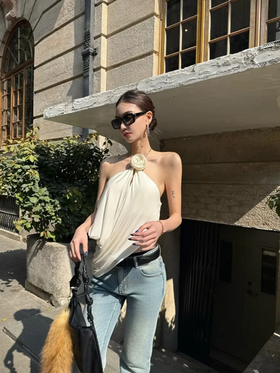 Satin Cowl Neck Halter Top in white