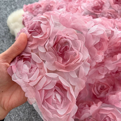 Pink 3D Rosette Textured Mesh A-Line Midi Dress
