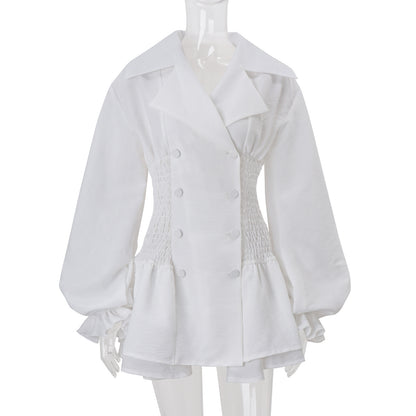 zenobia Large lapel button puff sleeve tutu mini dress in white