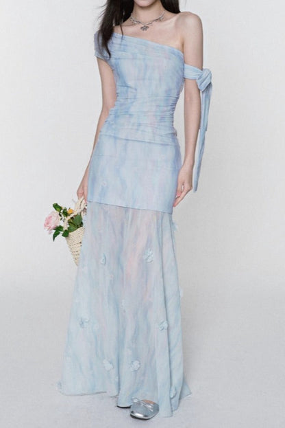rosalind one-shoulder pleated slim maxi dress in blue