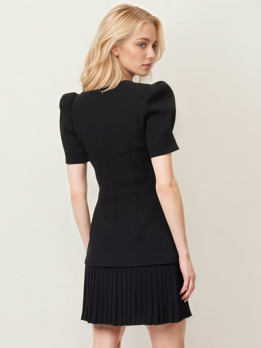 Black Sweetheart Square Neck Rhinestone Button Puff Sleeve Pleated Mini Dress