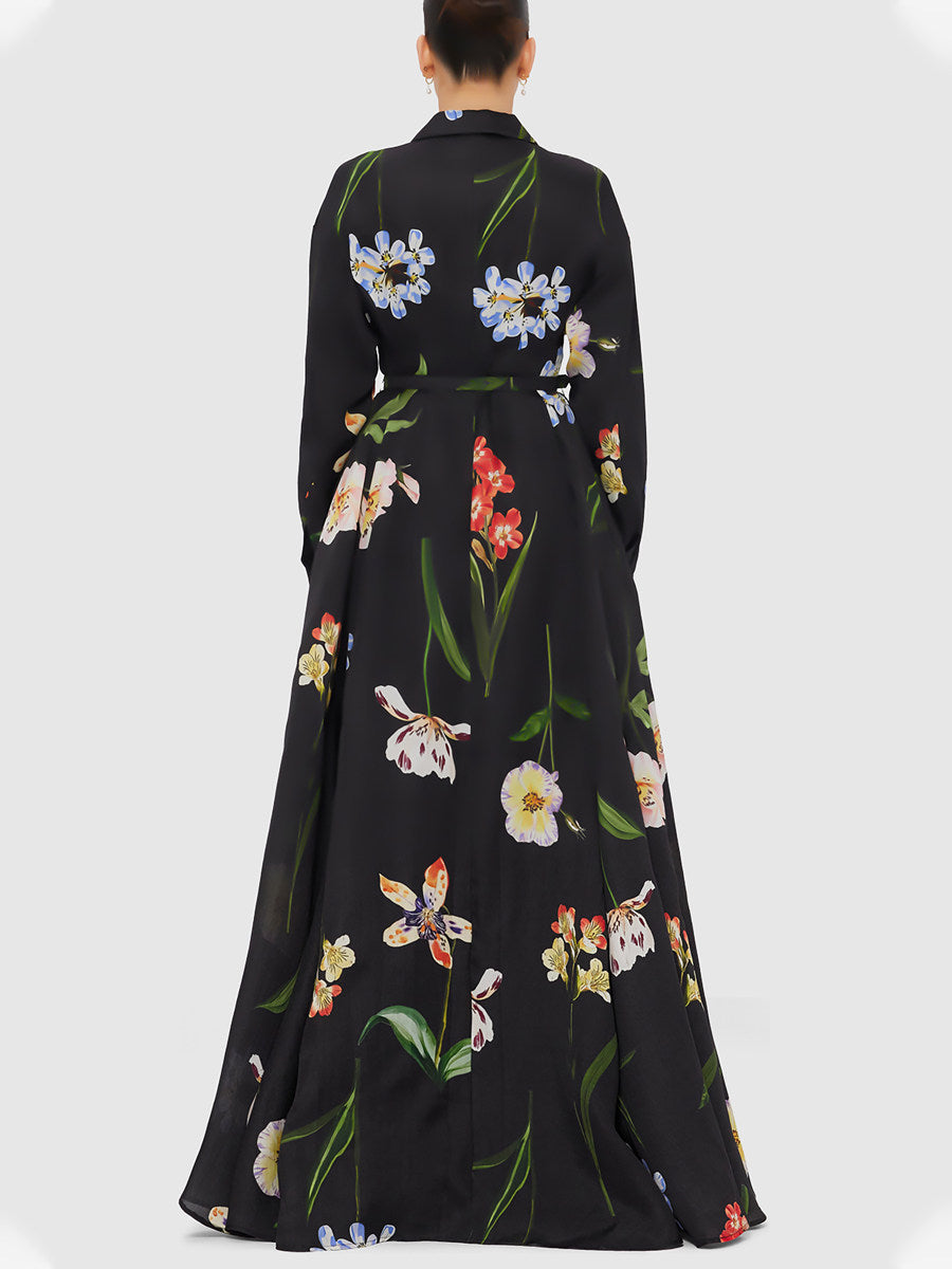 Black Floral Print Belted Shirt Maxi Dress with Slit