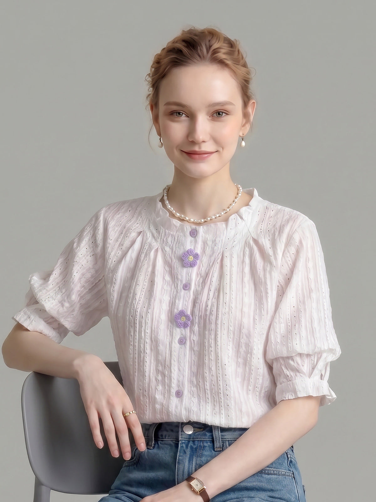 Ruffled Crew Neck Eyelet Puff Sleeve Blouse With Floral Buttons