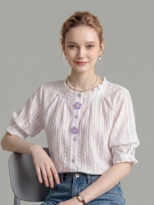 Ruffled Crew Neck Eyelet Puff Sleeve Blouse With Floral Buttons