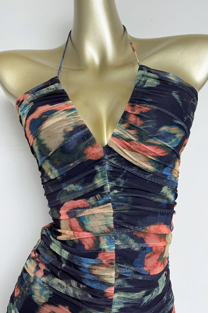multicolor floral print pleated Bodycon Mini Dress