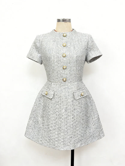 tiffany pearl-embellished tweed mini dress in gold