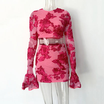 Nefertiti apricot Embroidered Floral Backless T-shirt and Skirt Set