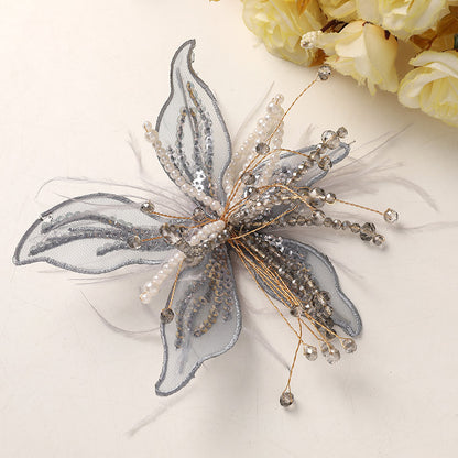 Picture-perfect pure white lace feathers, pearls, crystal flowers, DIY twisted silk flower headwear, claw clip clothing accessories