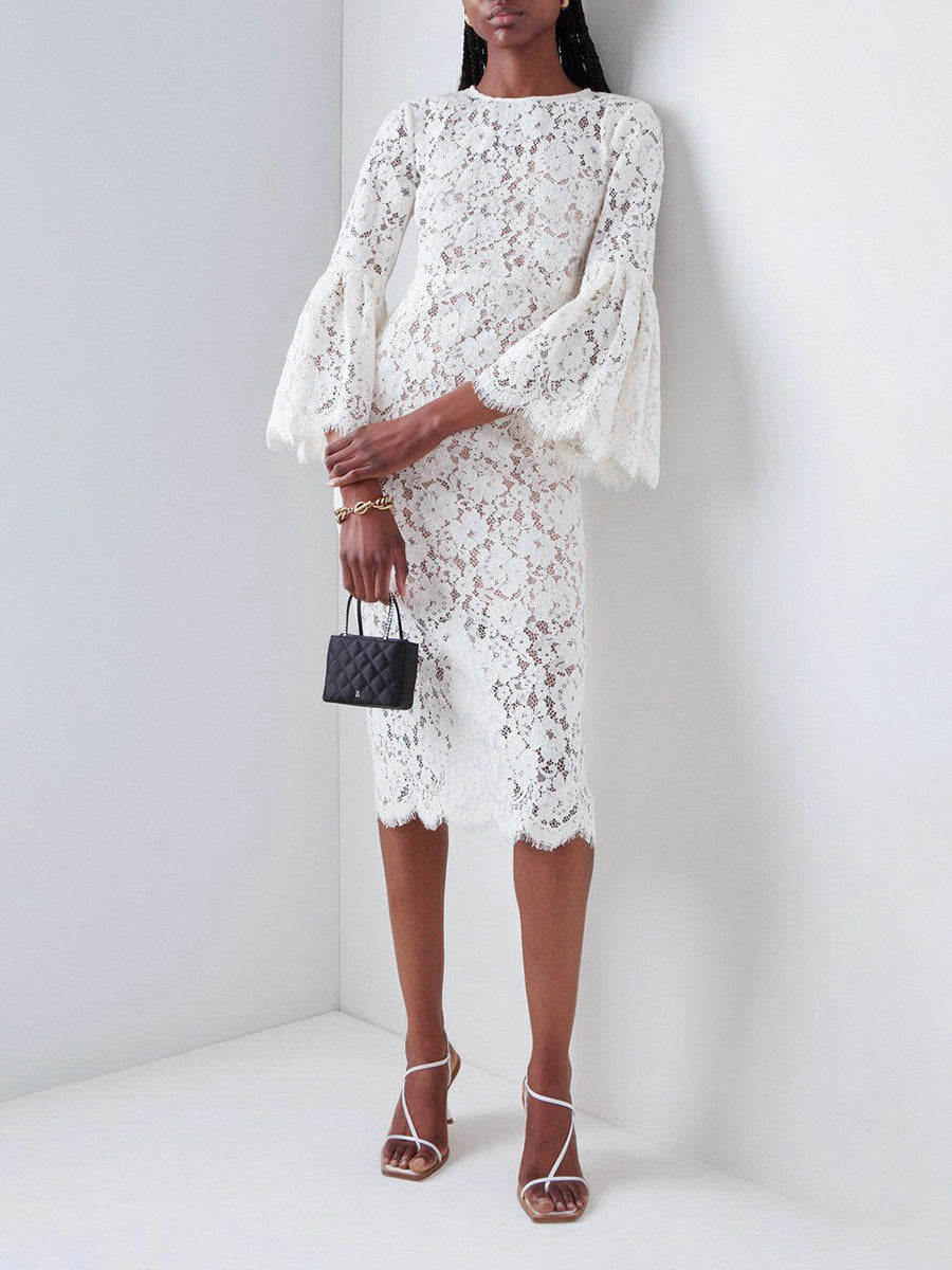 white lace hollow midi dress