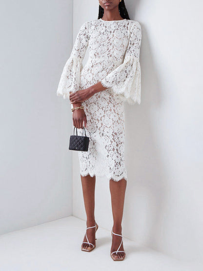 white lace hollow midi dress