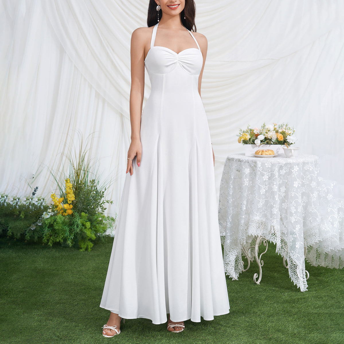 Halter Twist Bust Flowy Chiffon Wedding Maxi Dress