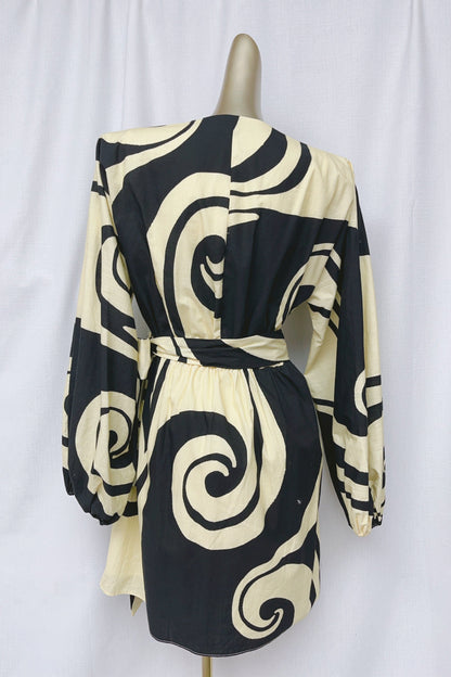 oceanic swirl v-neck puff sleeve mini dress
