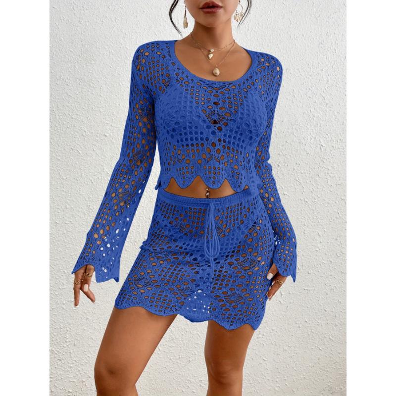 Belinda Bohemian Style Hollowed-out Lace Swimsuit Cover-up Set——red
