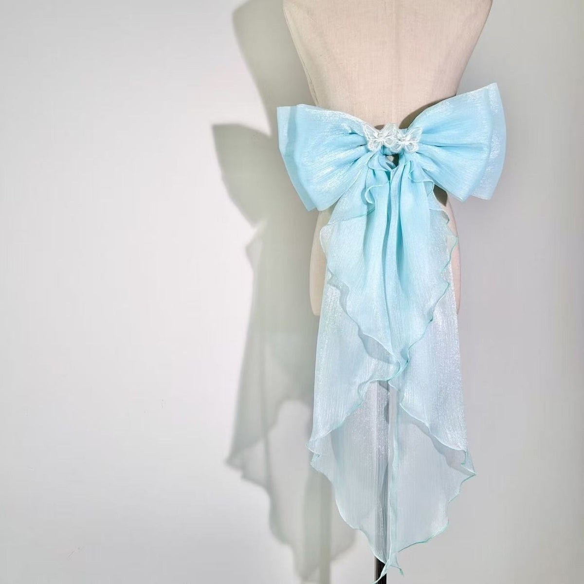 White Shimmer Organza Giant Bow Ruffle Long Trailing Bridal Waist Sash