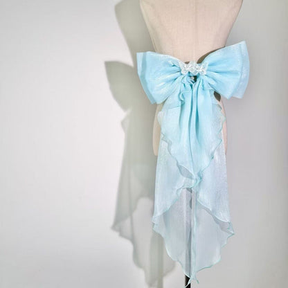 White Shimmer Organza Giant Bow Ruffle Long Trailing Bridal Waist Sash