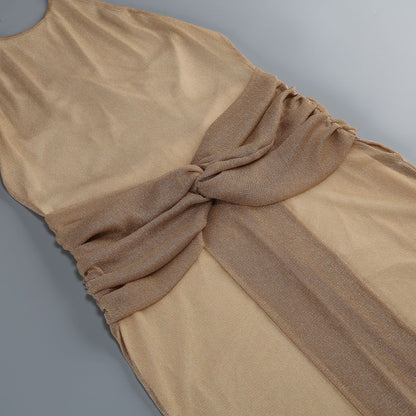 Beige Fine Stretch Knit Column Evening Gown