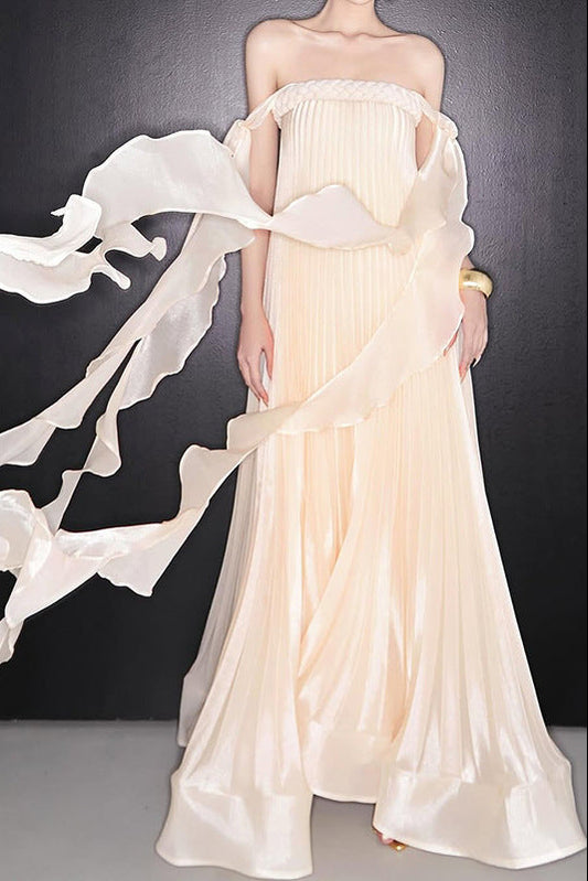 quintina Off Shoulder Pleated Maxi Dress in apricot