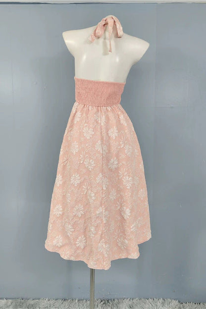 pink fairy jacquard halterneck open back big swing midi dress