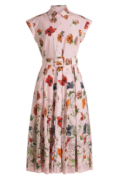 belted pleated floral-print cotton-poplin midi shirt dress - pink