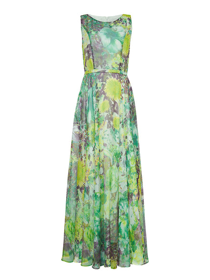 green flower sleeveless large swing maxi dress