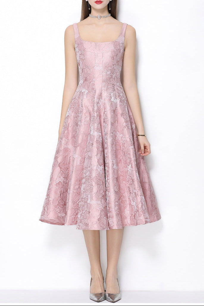 beverly Vintage jacquard slip midi dress in pink