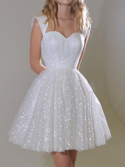 Amity White Sexy Sequined Short Princess Evening Gown Mini Dress