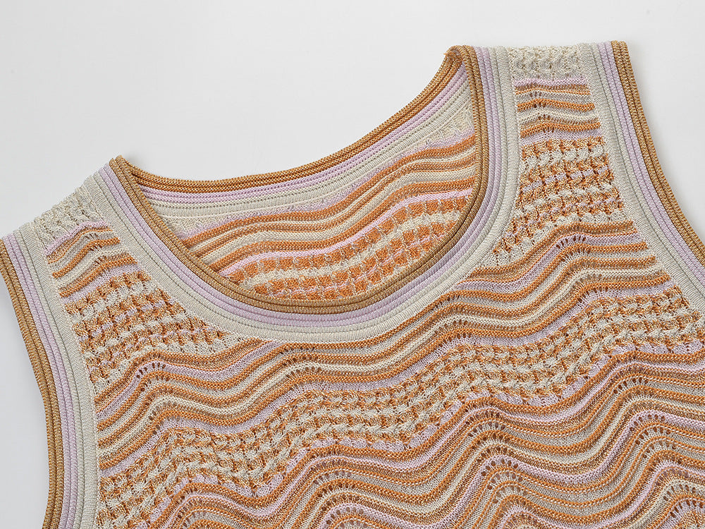 Beige Pointelle Knit Fitted Column Two-Piece Set